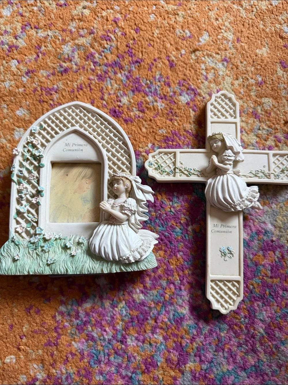 90s First Communion Wall Cross and Frame Set - White